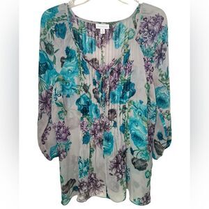 Charter Club Long Sleeve Floral Summer Sheer Lightweight Blouse sz XL